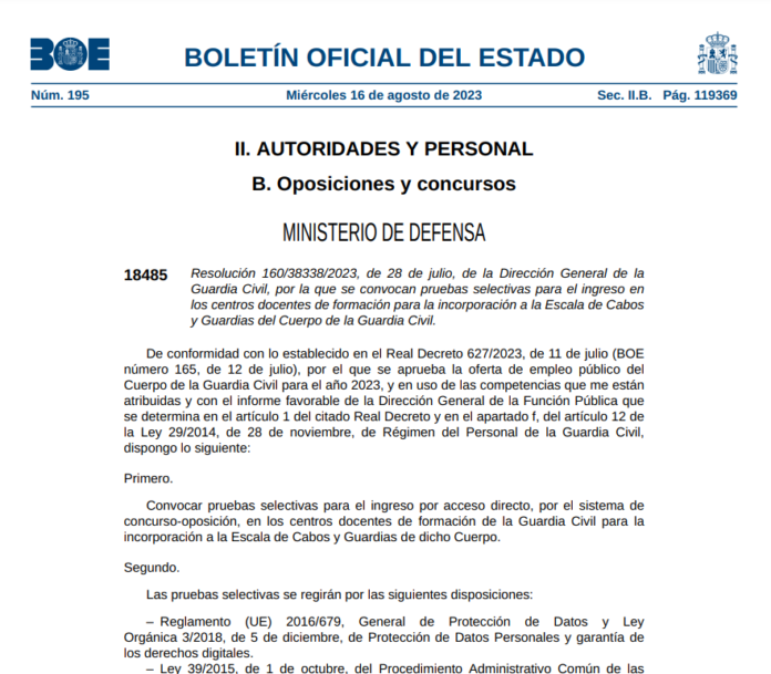 Convocatoria 2023 de ingreso a la Guardia Civil