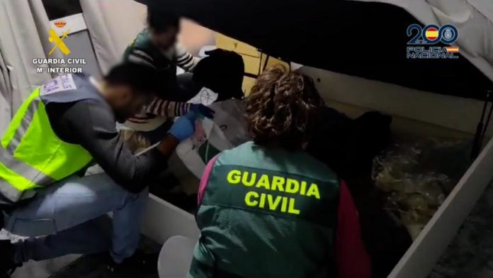 Agentes de la Guardia Civil y de la Policía Nacional durante un registro de un piso prostíbulo